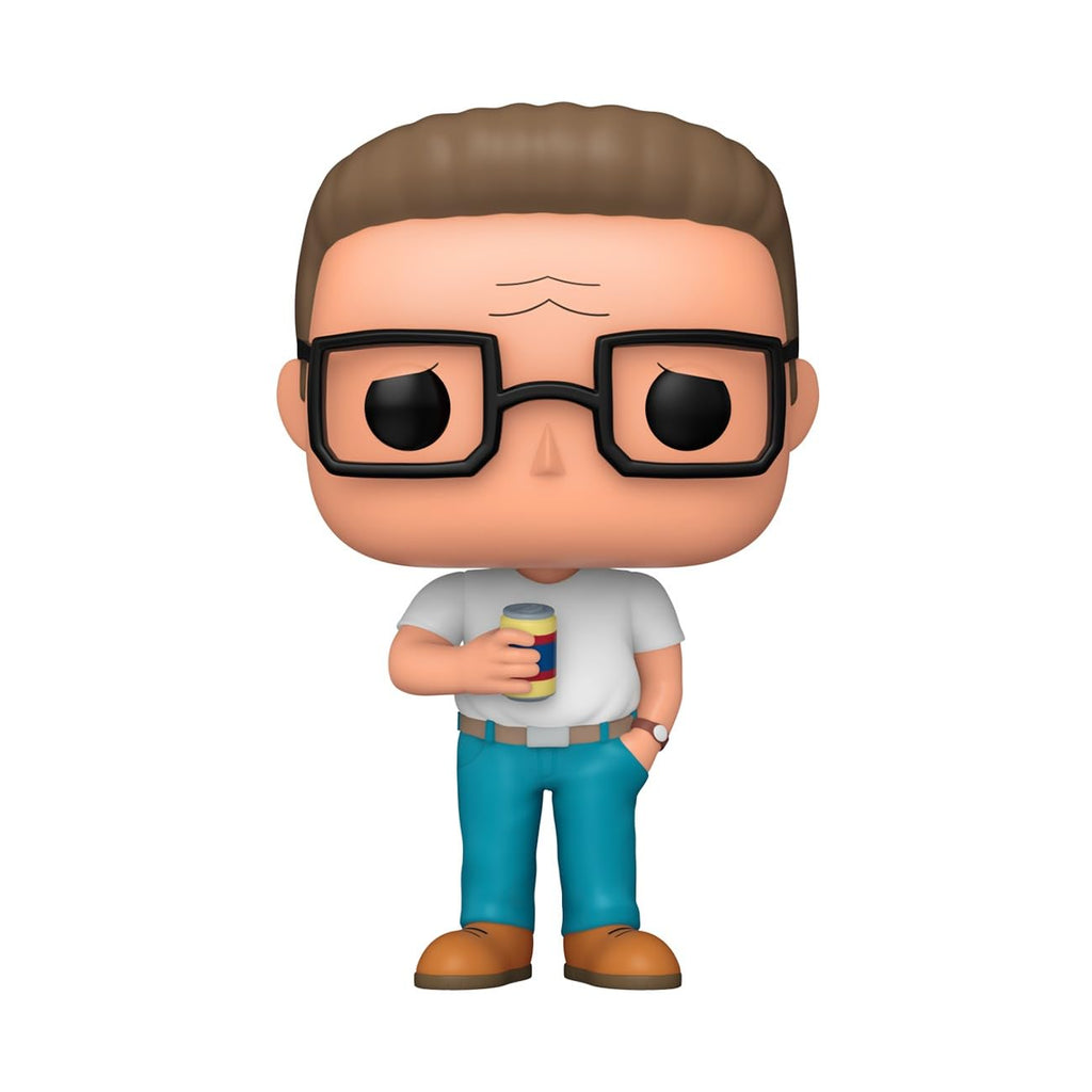 Collectible Funko Pop figure of Hank Hill from King of the Hill, holding a can, featuring his iconic glasses and hairstyle. Verified by CuratCart.