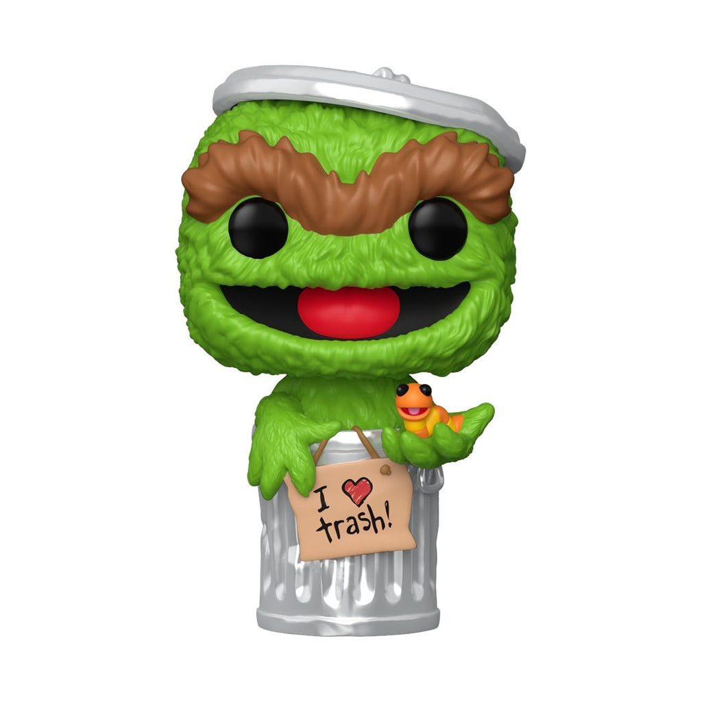 Funko Pop! Oscar the Grouch holding a sign and a toy fish, in a trash can. Verified by CuratCart for authenticity.