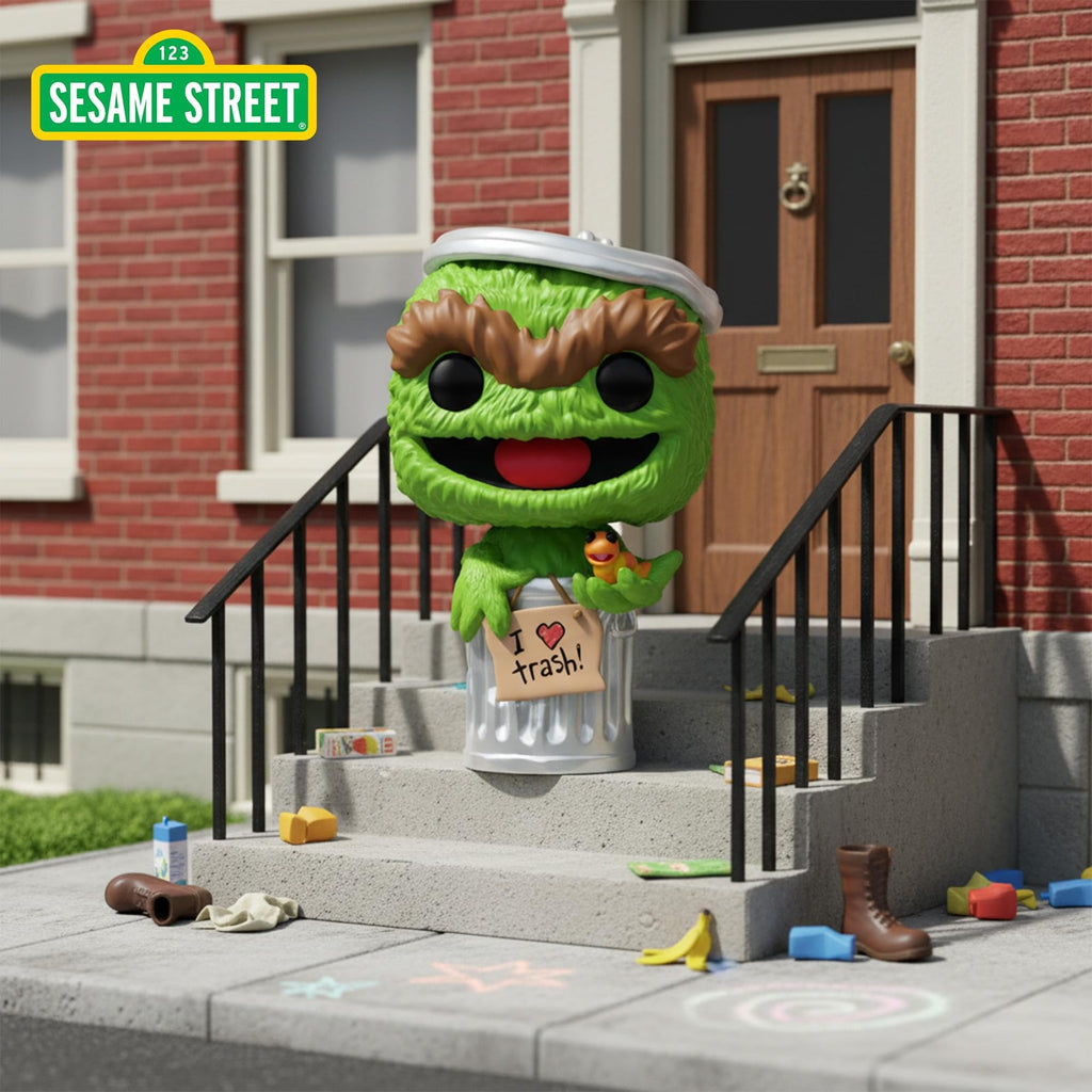 Oscar the Grouch Funko Pop! figure sits in a trash can on steps, surrounded by colorful litter. Order online for fun collectibles!