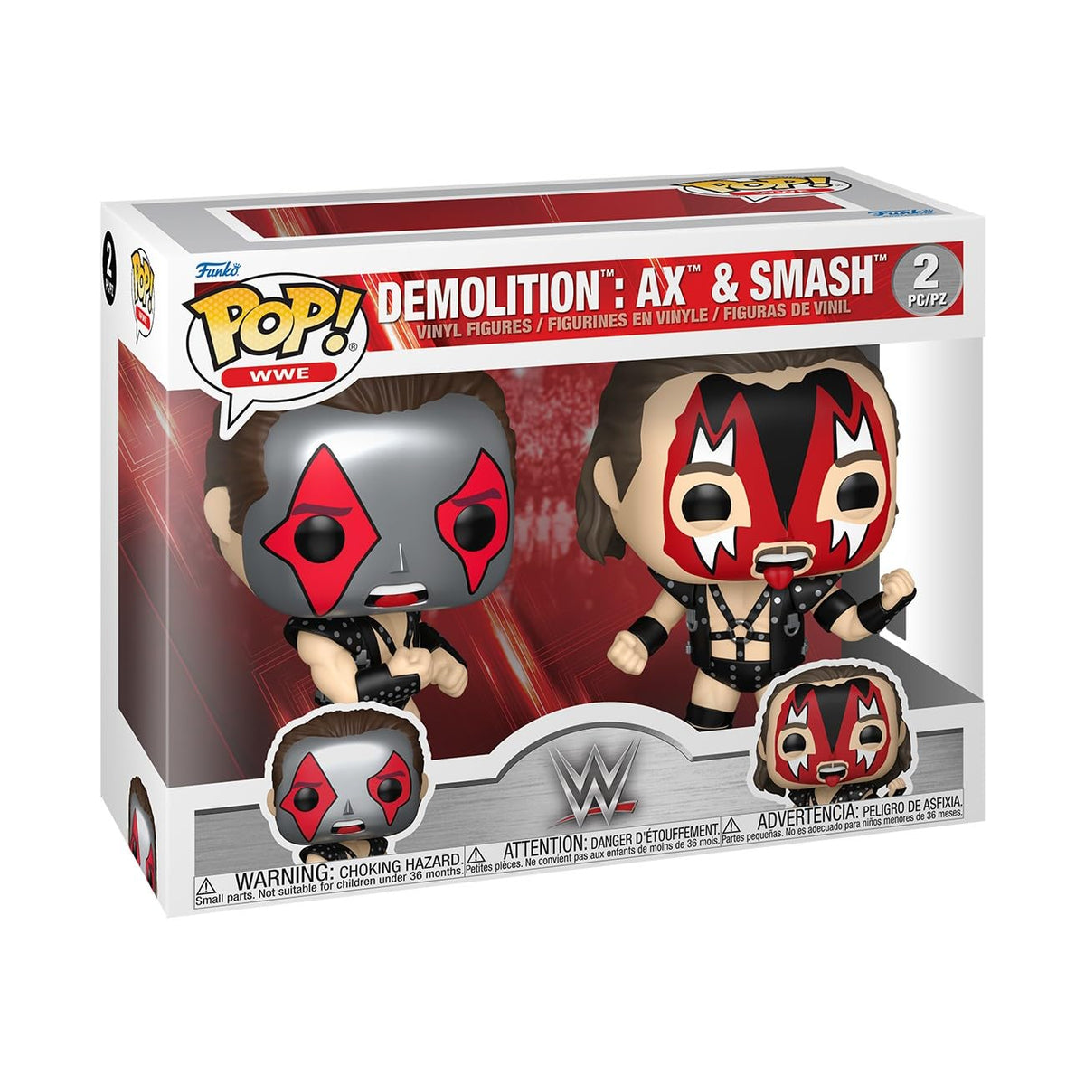 Authentic Funko POP! vinyl figures of WWE's Demolition, featuring Ax and Smash in detailed collector packaging.