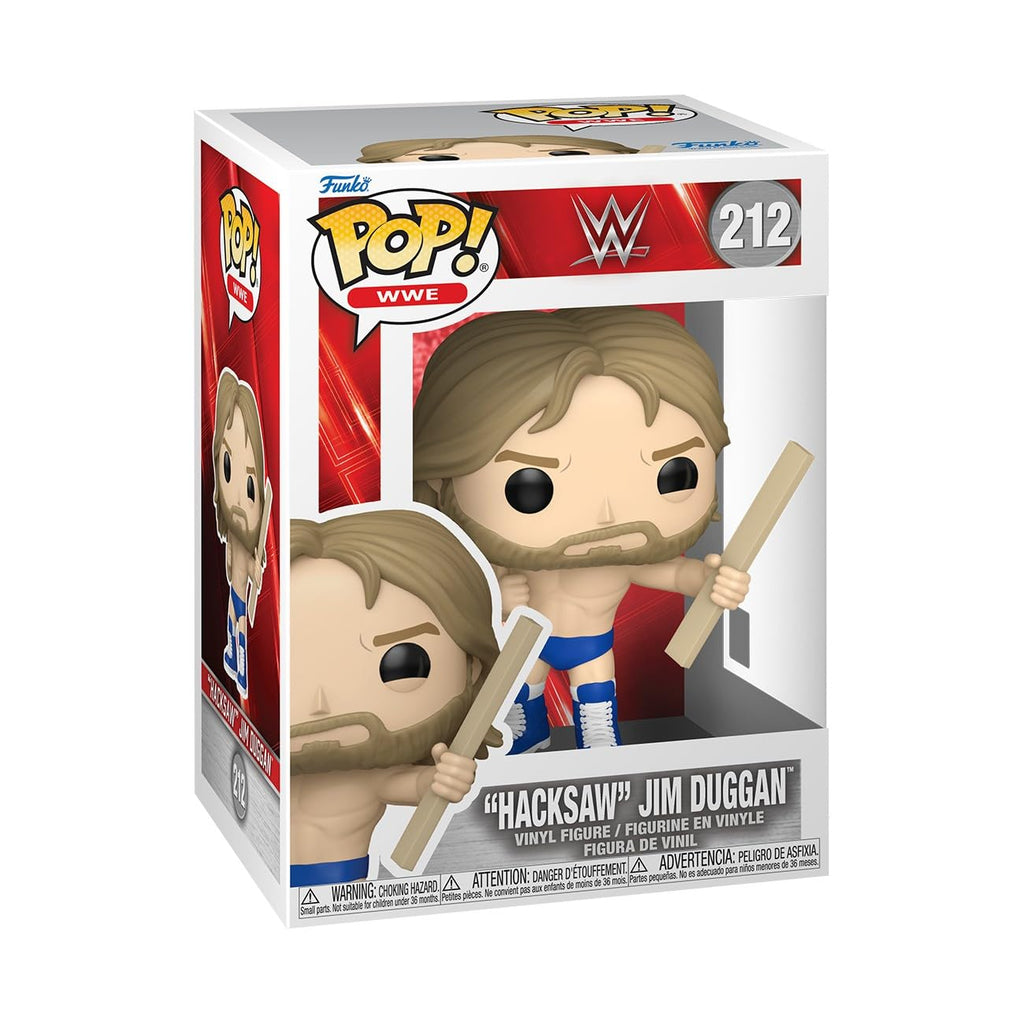 Authentic Funko POP! figure of Hacksaw Jim Duggan, featuring his iconic look with 2x4 and wrestling attire.