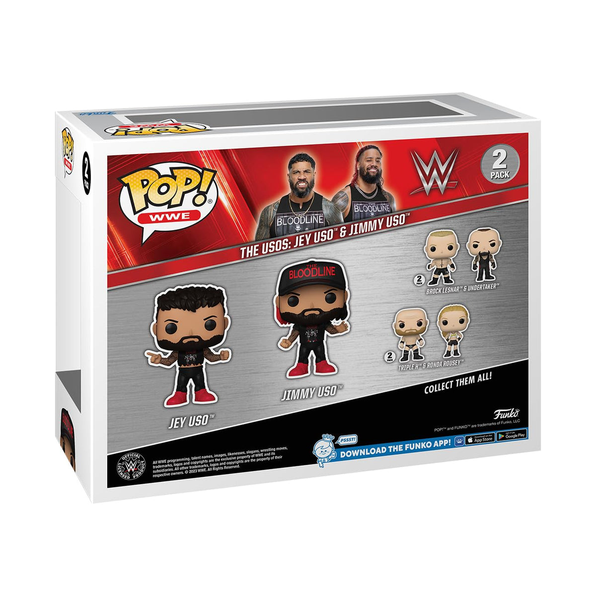 Premium imported Funko POP! set featuring Jey & Jimmy Uso, iconic WWE figures from The Bloodline. Collect them all!