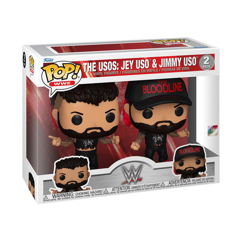 Authentic Funko Pop! WWE 2-pack featuring Jey Uso & Jimmy Uso, themed as The Bloodline. Vinyl figures packaged stylishly.