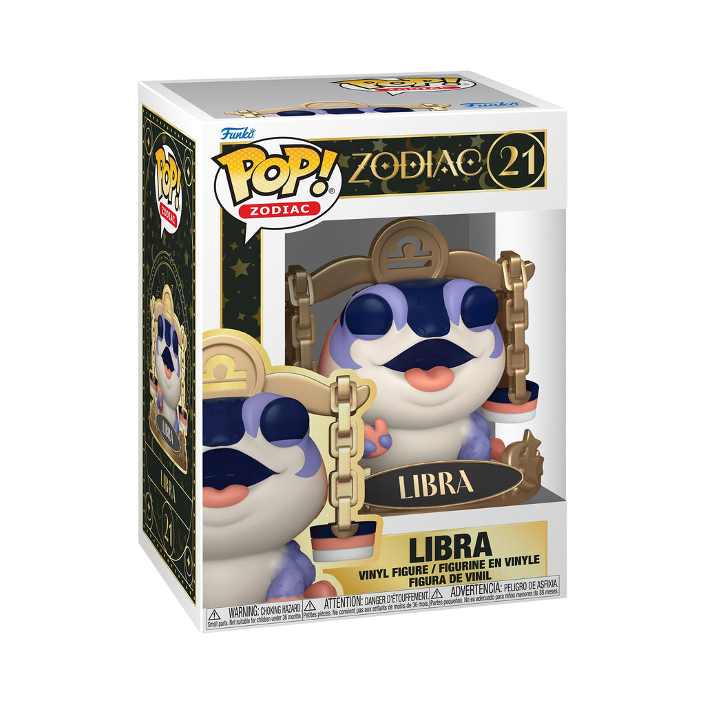 Authentic Funko POP! Zodiac Libra figure, featuring colorful design and Libra symbol in box packaging.