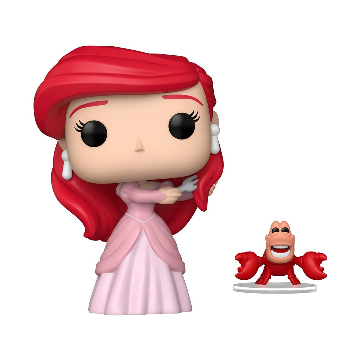 Ariel Funko Pop! figurine in a pink dress, paired with Sebastian the crab. Available online, order now!