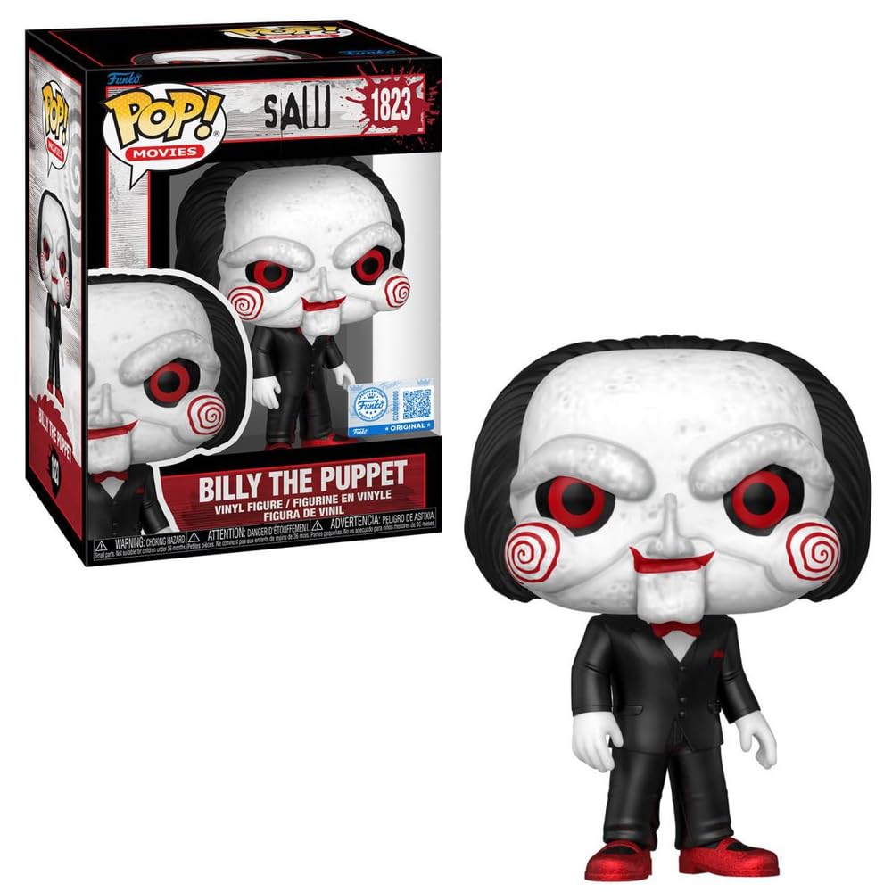 Authentic Funko Pop! figure of Billy The Puppet from Saw, featuring glitter accents and detailed design. Perfect for collectors.