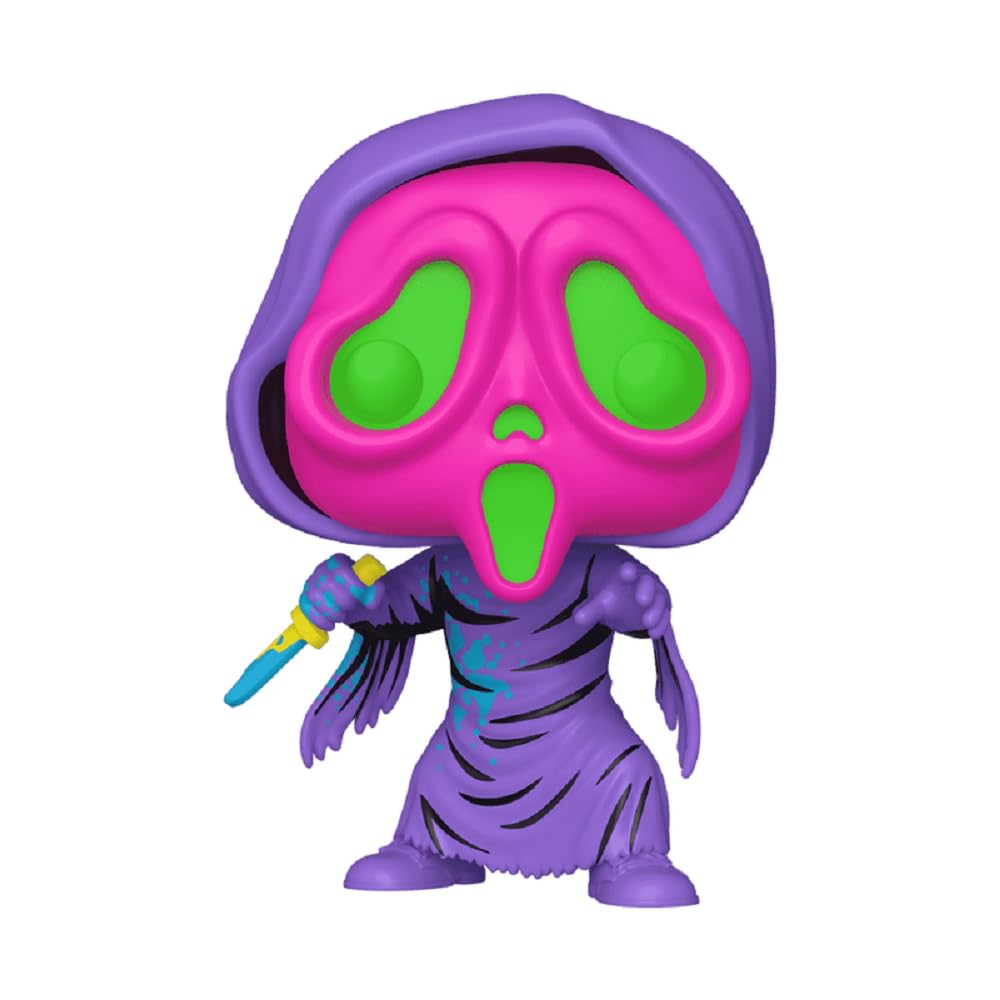Authentic Funko Scream Ghostface figure in vibrant blacklight colors, featuring a pink and green design with a knife.