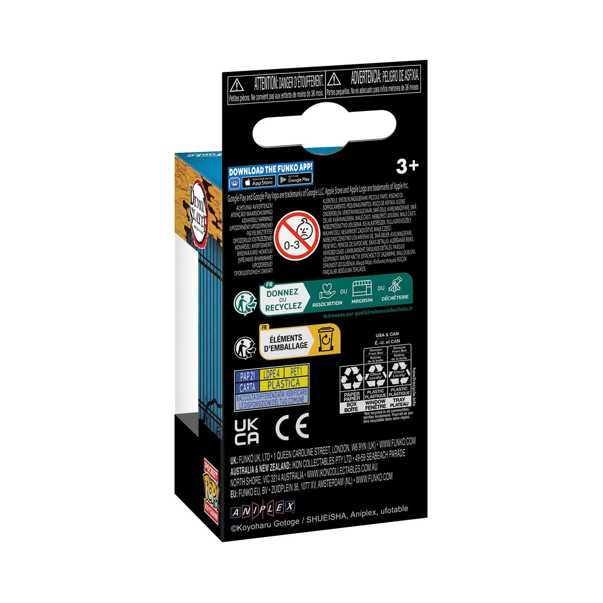 Premium imported Funko Pop! Keychain packaging. Highlights include age rating and recycling info. Ideal for collectors.