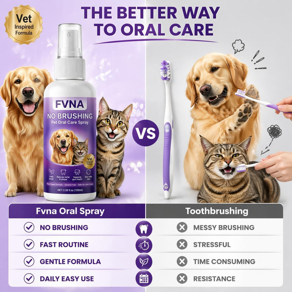 FVNA Pet Oral Care Spray in official packaging offers a gentle formula for easy, stress-free dental care. Available at Curat Cart.