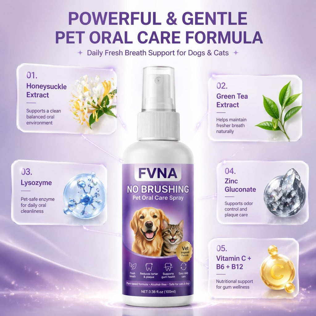 FVNA Pet Oral Care Spray enhances dental hygiene for dogs and cats, promoting fresh breath daily. Available at Curat Cart.