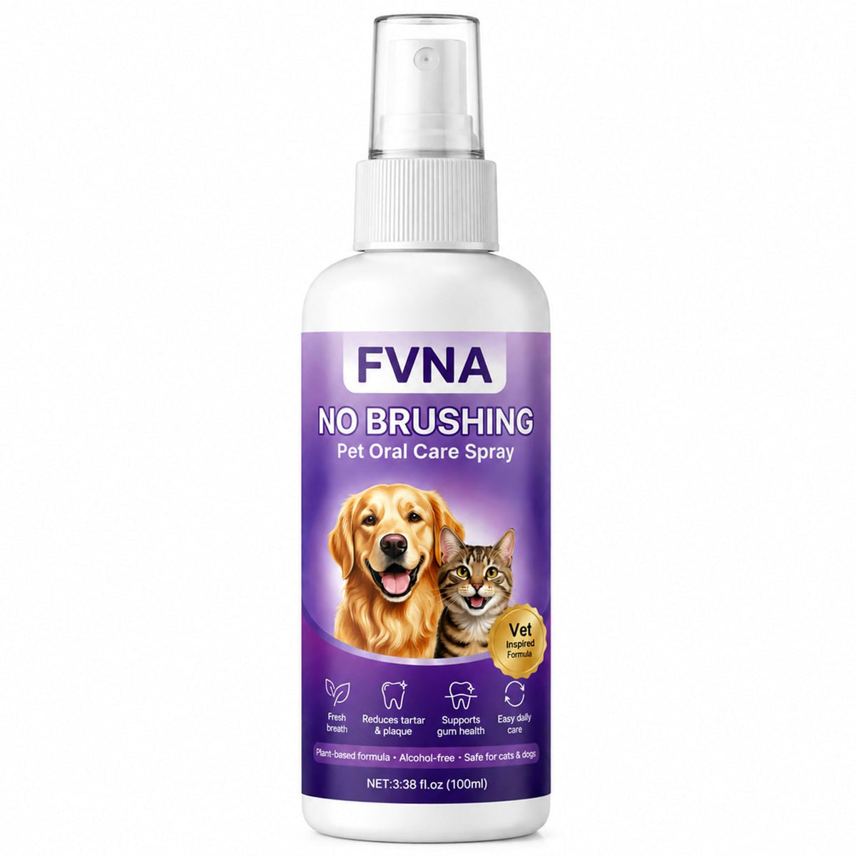 FVNA Pet Oral Care Spray, a premium import, eliminates tartar and supports gum health for pets. Available at Curat Cart.