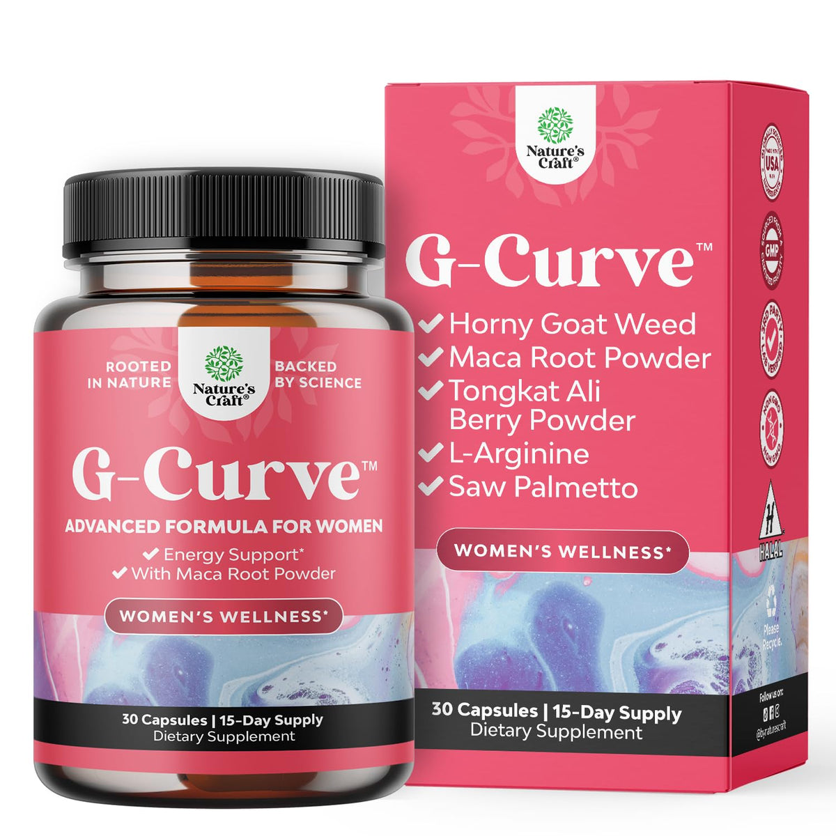 Premium imported G-Curve capsules for women's wellness, featuring maca root and other potent ingredients.