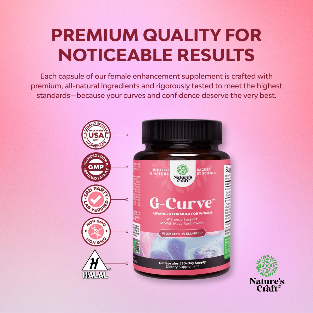 G-Curve Butt and Breast Growth capsules by Nature's Craft, verified by CuratCart for quality and safety.