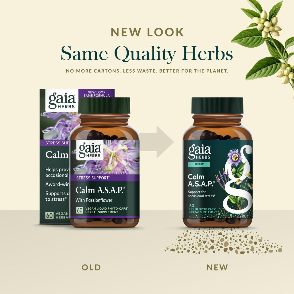 Discover Gaia Herbs Calm A.S.A.P., a premium imported herbal supplement for stress support, available at Curat Cart.