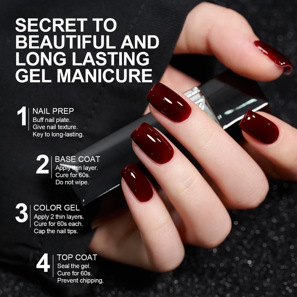 GAOY Dark Red Gel Nail Polish in 16ml, showcasing nails with a shiny finish and instructions for a lasting manicure.