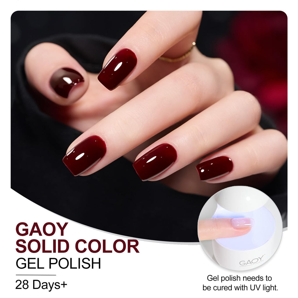 GAOY dark red gel nail polish in 16ml bottle, ideal for a long-lasting manicure cured with UV light, sleek and shiny finish.