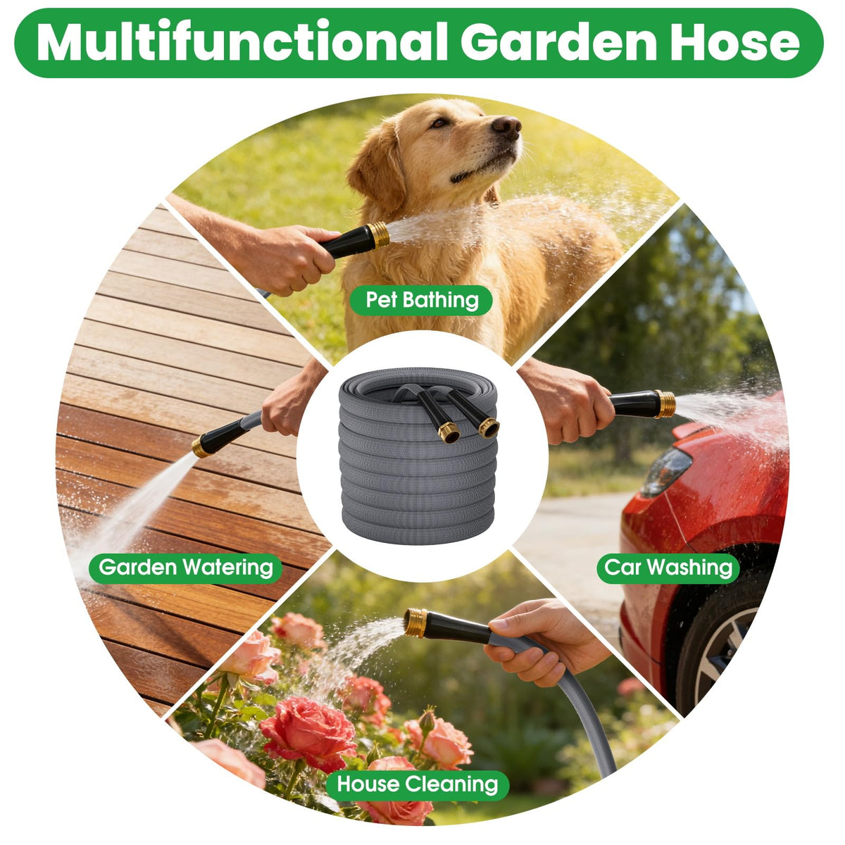 Versatile Garden Hose Non-Expanding Kink-Free ideal for pet bathing, car washing, and garden watering. Available at Curat Cart.