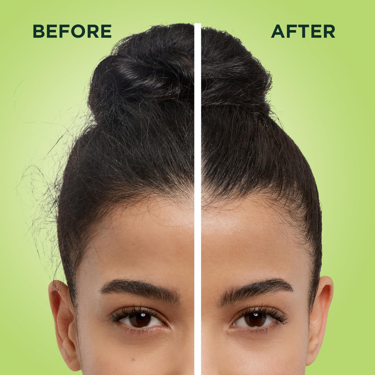 Garnier Fructis Sleek & Shine Serum demonstrates stunning results with smooth, shiny hair before and after application.