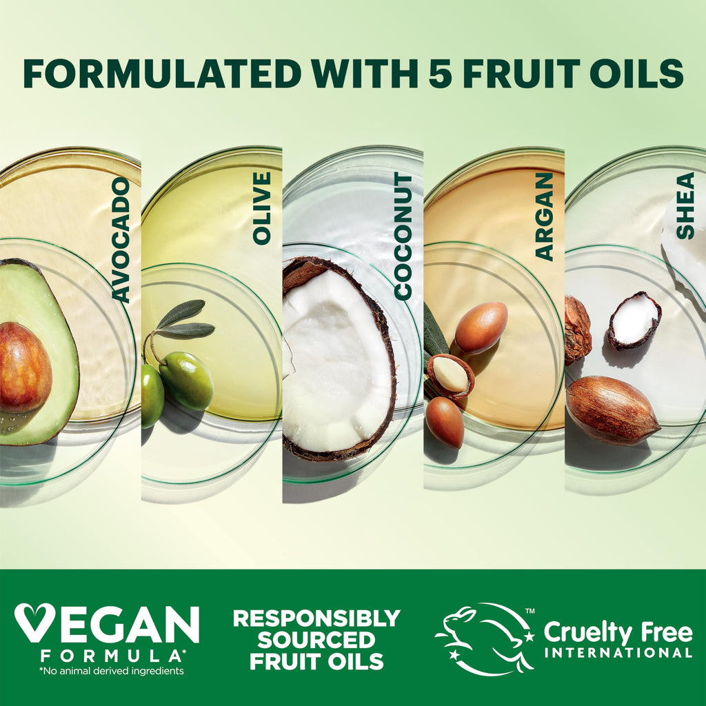 Garnier Nutrisse Ultra Coverage Hair Color featuring 5 responsibly sourced fruit oils: avocado, olive, coconut, argan, and shea. Vegan formula.