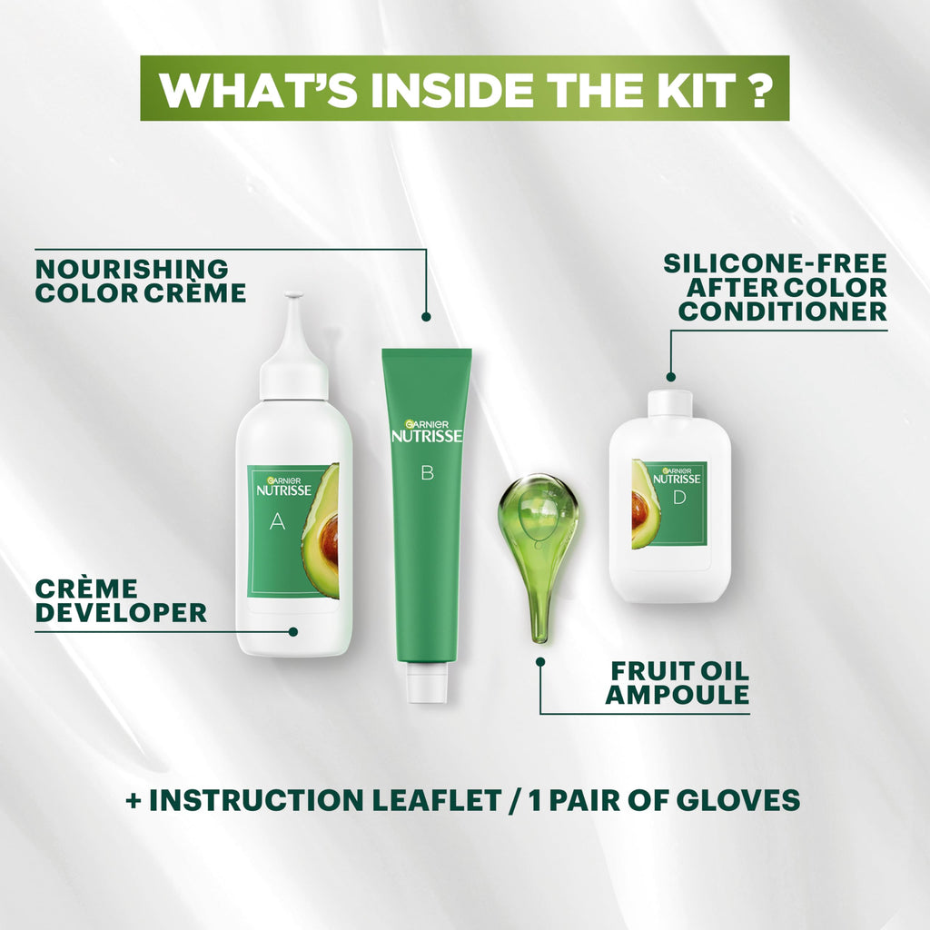 Garnier Nutrisse Ultra Coverage kit includes color crème, developer, conditioner, fruit oil ampoule, and gloves.