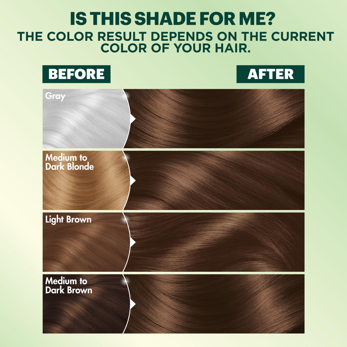 Before and after hair color results showcasing various shades from gray to medium dark brown using Garnier Nutrisse.