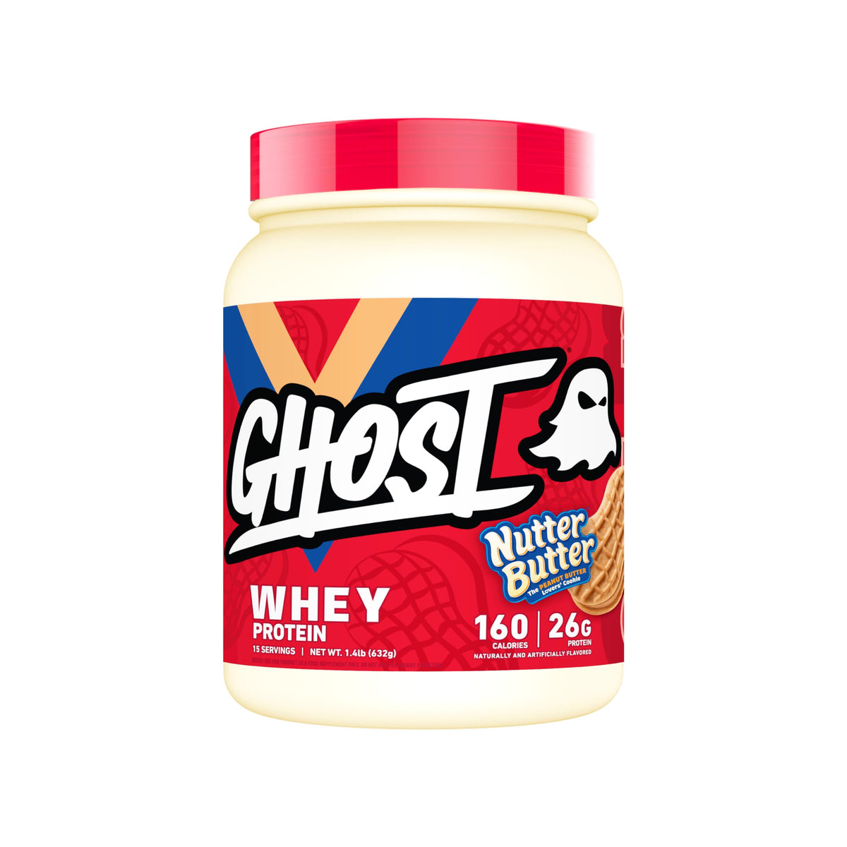 GHOST Whey Protein Powder, Nutter Butter flavor, 160 calories, 26g protein per serving. Verified by CuratCart for quality.