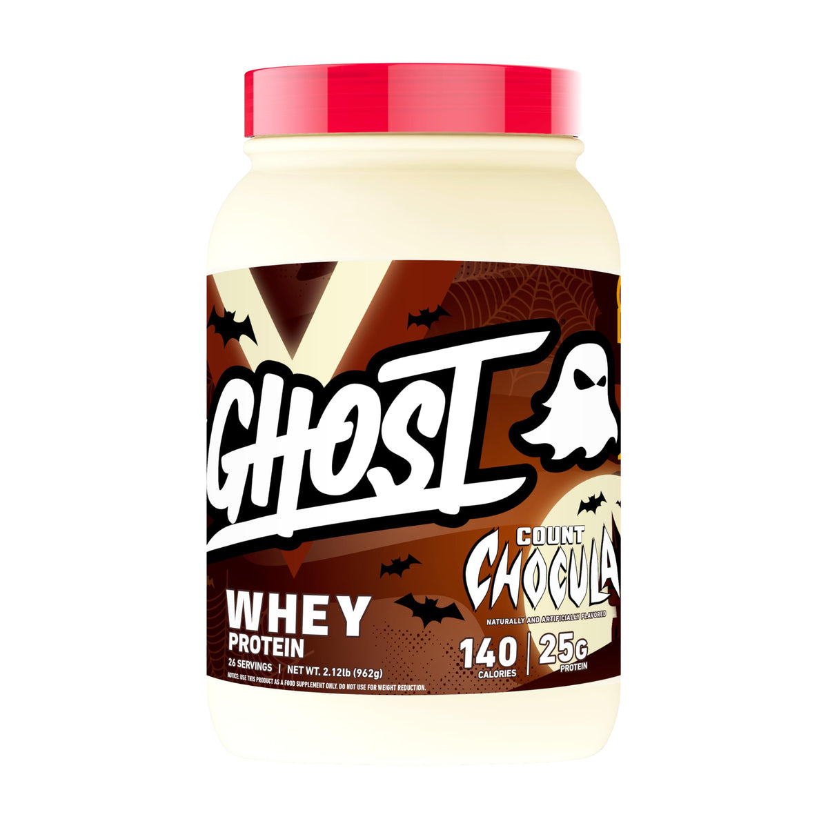 Authentic GHOST Whey Protein Powder in Count Chocula flavor, 32 servings, delivering 140 calories and 25g protein.