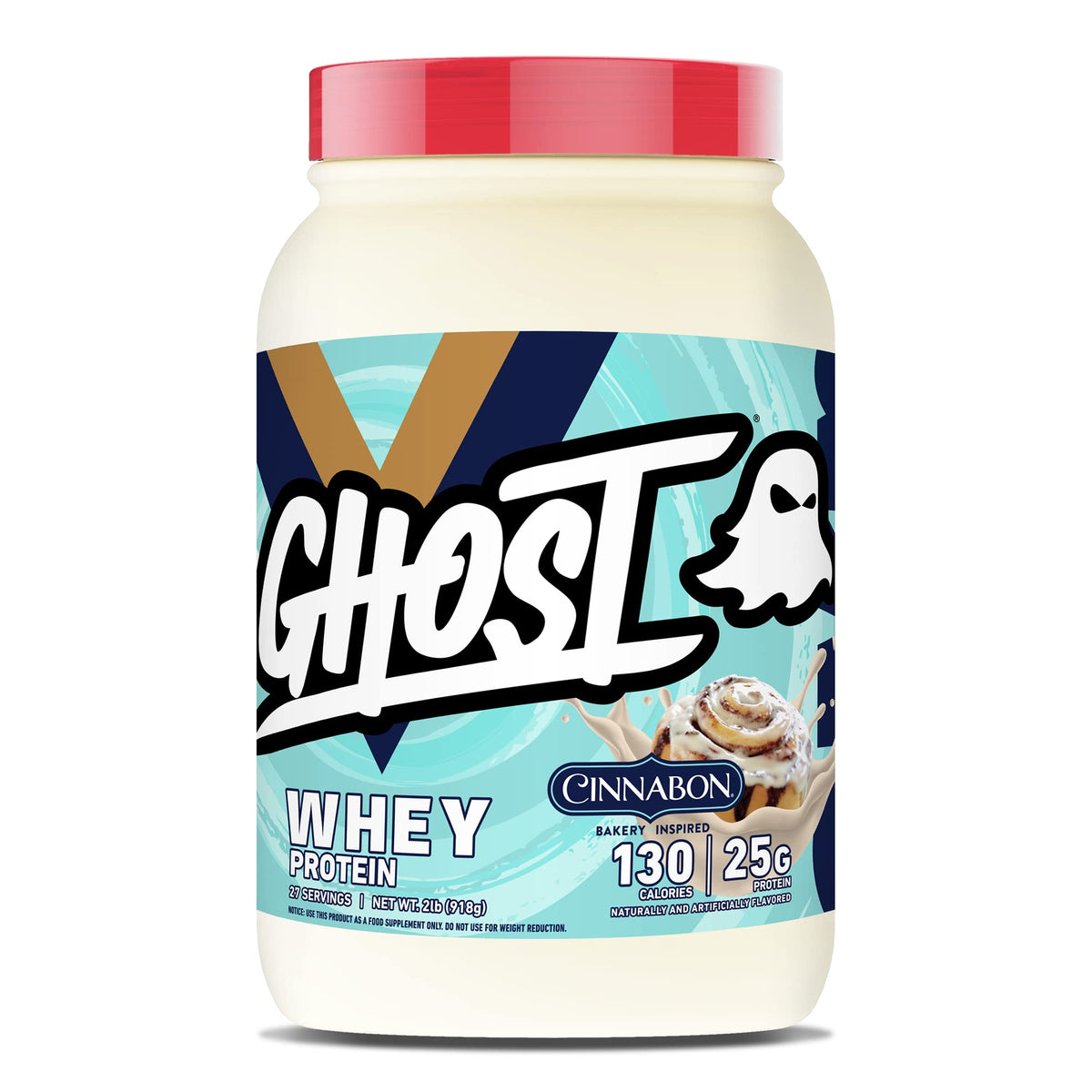 Premium imported GHOST Whey Protein Powder in Cinnabon flavor, delivering 130 calories and 25g protein per serving.