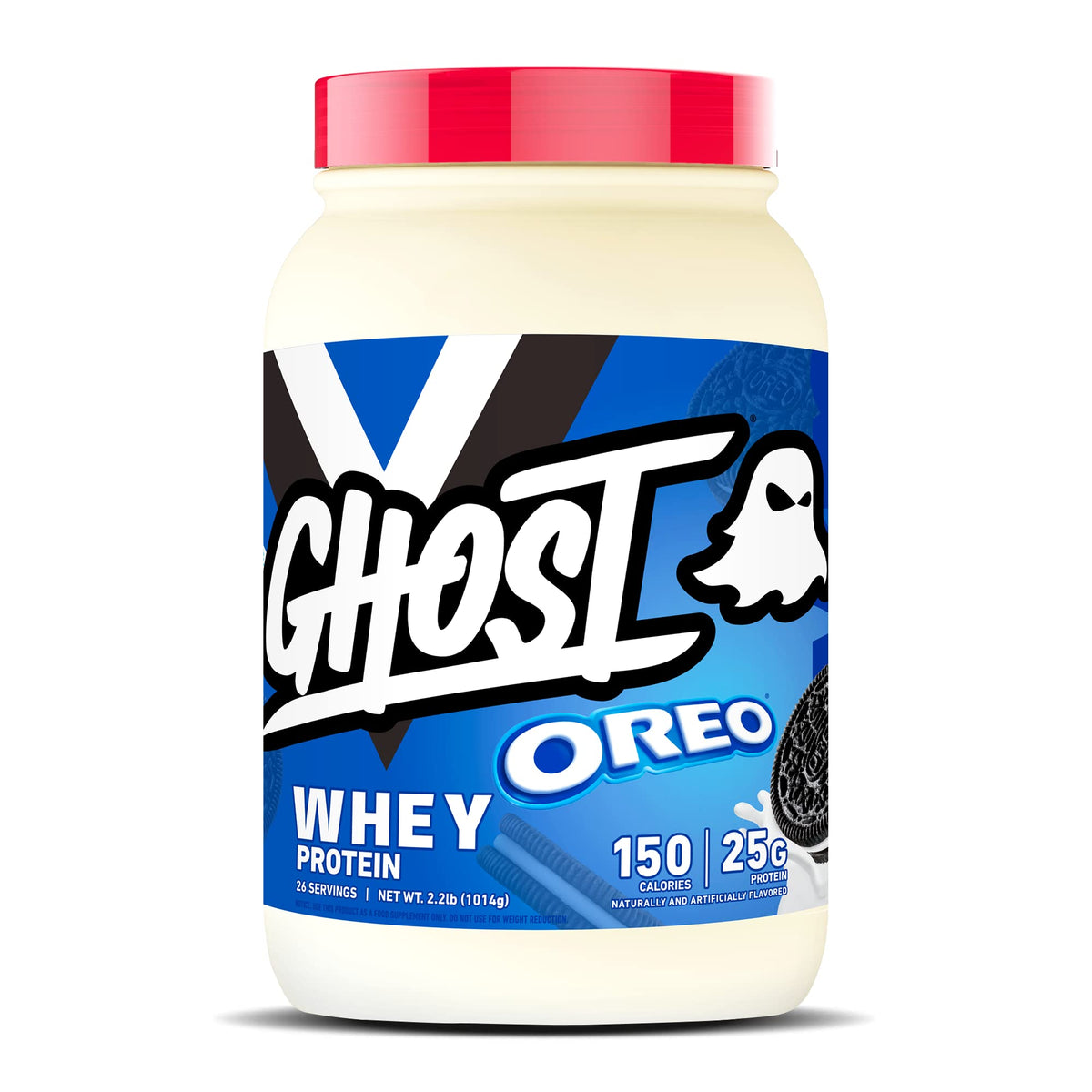 GHOST Whey Protein Powder in Oreo flavor, 100% genuine, featuring 25g protein and 150 calories per serving.