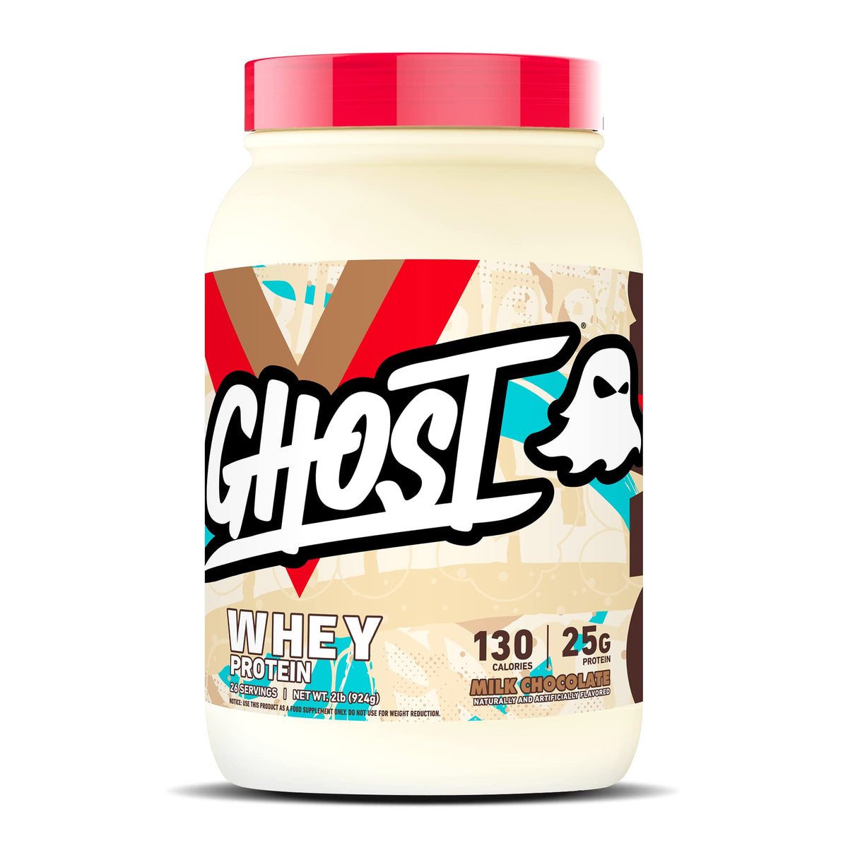 Authentic GHOST Whey Protein Powder in Milk Chocolate flavor, offering 130 calories and 25g protein per serving.