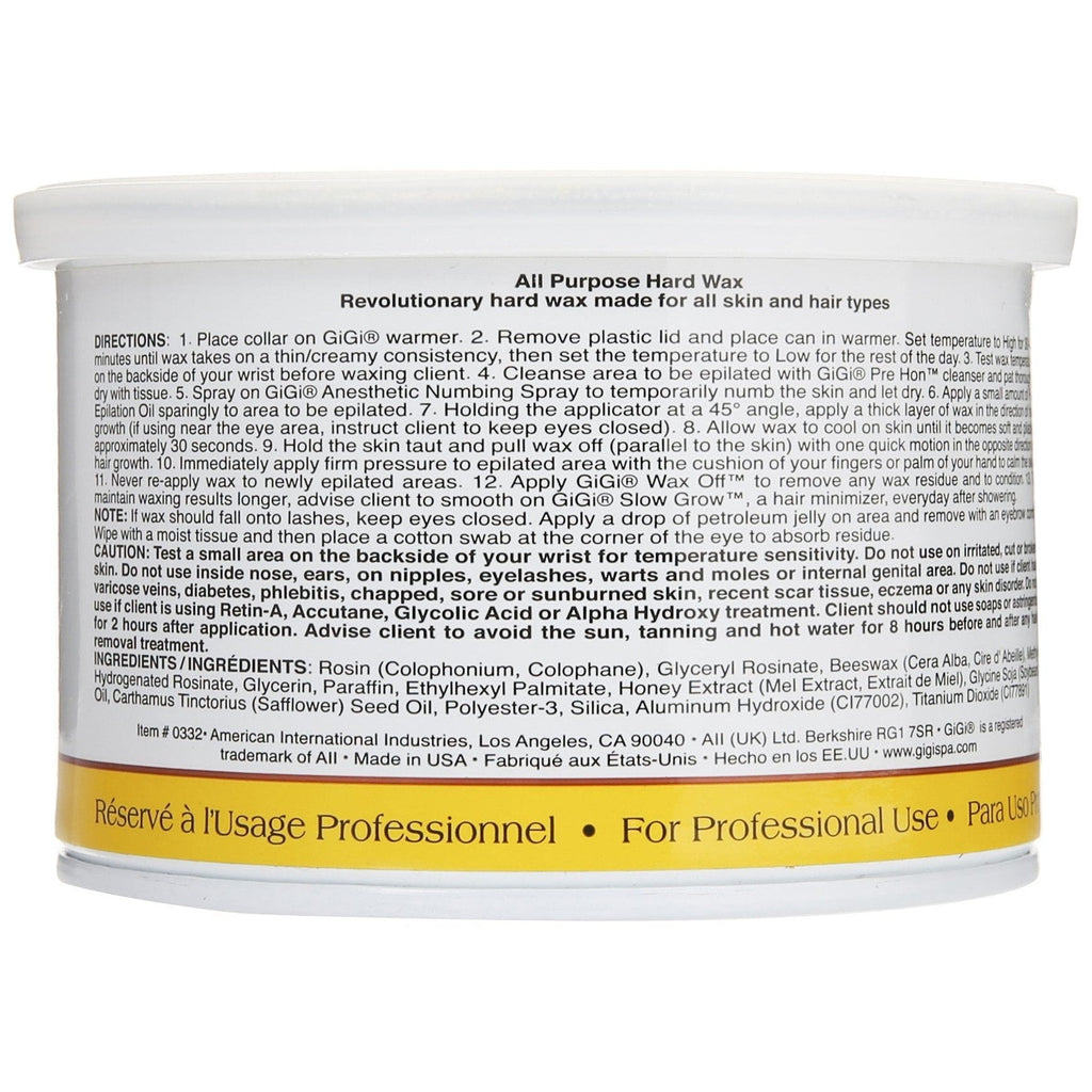 GiGi All Purpose Hard Wax in original packaging, designed for effective hair removal on all skin and hair types.