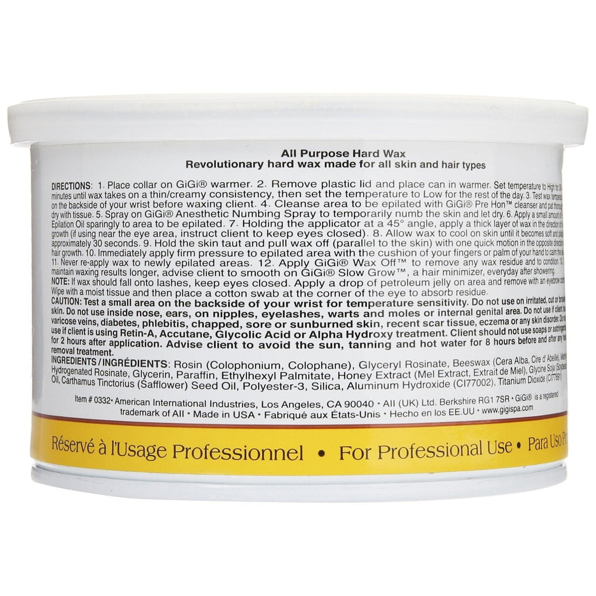 GiGi All Purpose Hard Wax in original packaging, designed for effective hair removal on all skin and hair types.