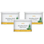 Three containers of GiGi Brazilian Body Hard Wax, designed for effective hair removal. Official product packaging displayed.