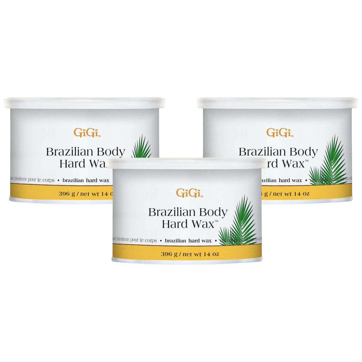 Three containers of GiGi Brazilian Body Hard Wax, designed for effective hair removal. Official product packaging displayed.