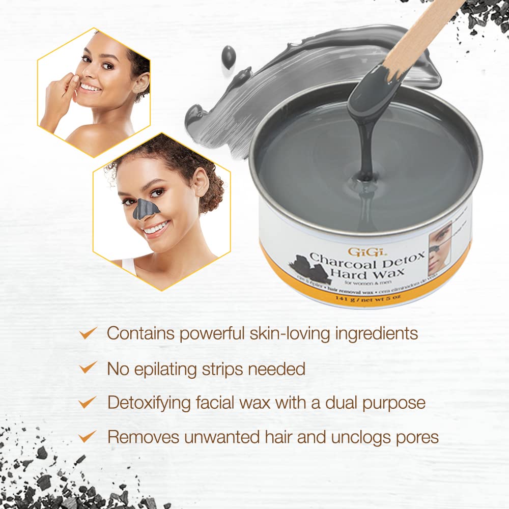 GiGi Charcoal Detox Hard Wax jar with application stick. Removes unwanted hair effectively. Order online for smooth skin.