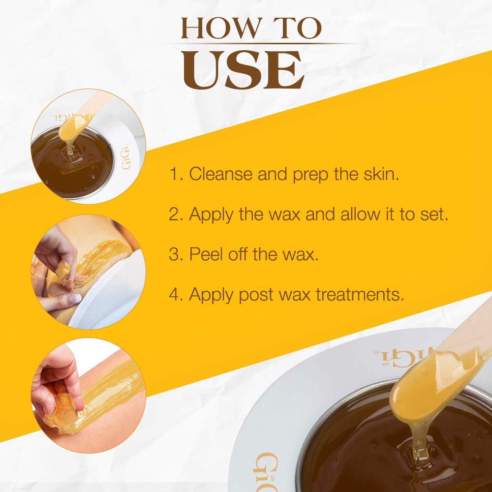 Step-by-step guide for using GiGi All Purpose Hard Wax, highlighting application and post-care tips. Verified by CuratCart.