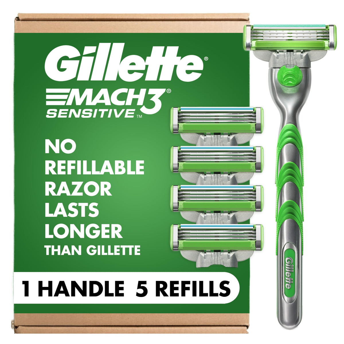 Authentic Gillette Mach3 Sensitive razors, featuring one handle and five refills for a smooth shaving experience.