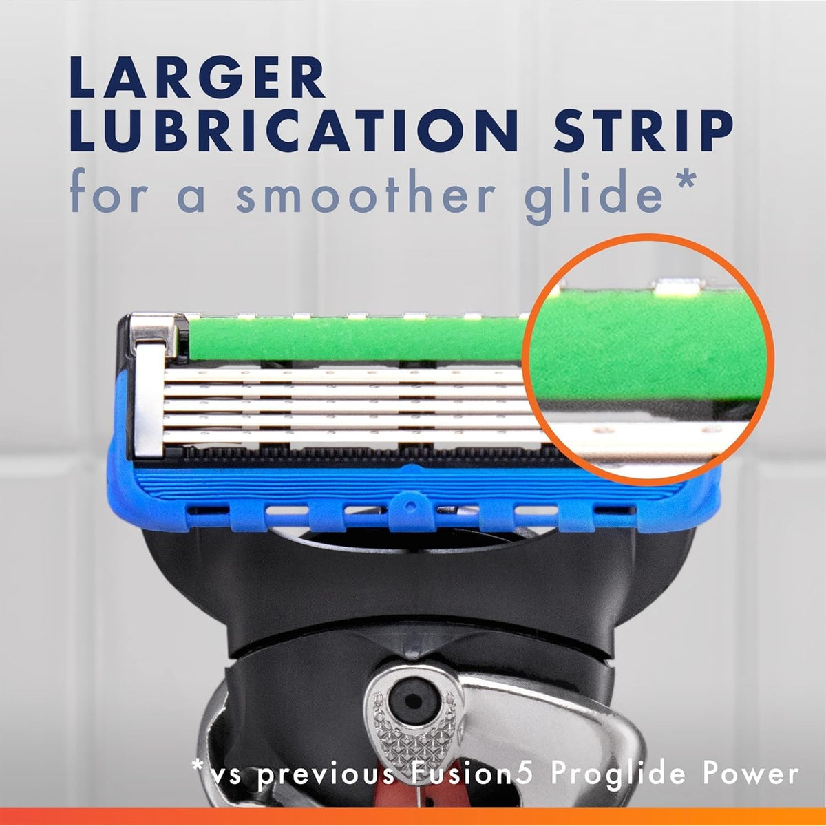 Gillette ProGlide Power Razor features a larger lubrication strip for an enhanced, smoother glide. Original packaging displayed.