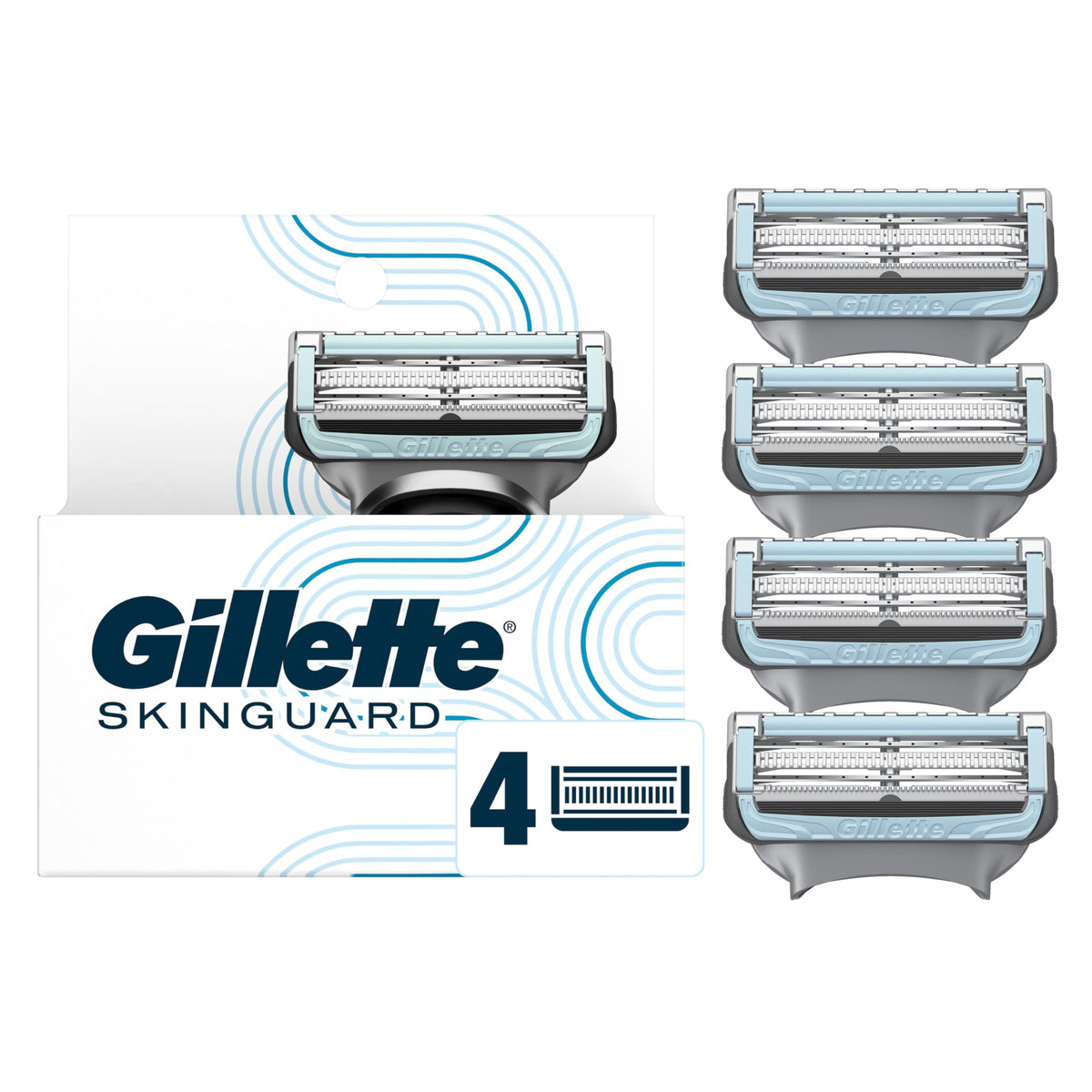 Authentic Gillette SkinGuard Razor Blades pack with four blades, designed for a smooth and comfortable shave.