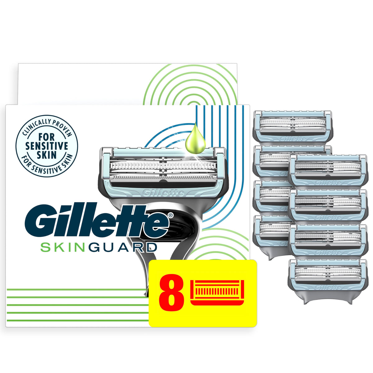 Authentic Gillette SkinGuard razor blade refills, clinically proven for sensitive skin. Includes 8 blades for a smooth shave.