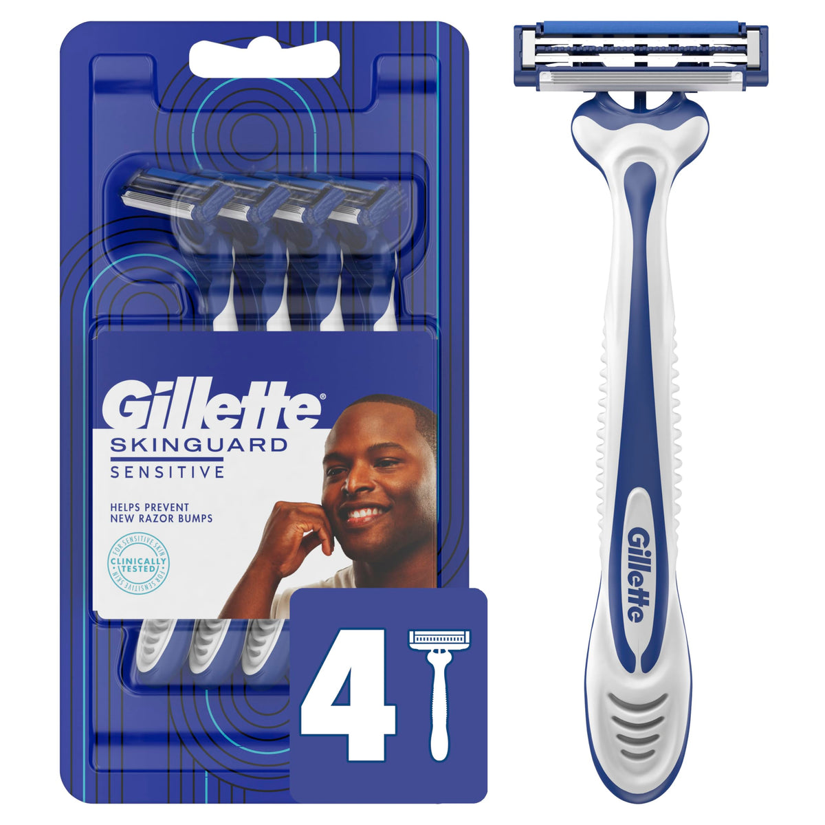 Authentic Gillette SkinGuard razors pack with 4 blades designed to help prevent razor bumps for sensitive skin.