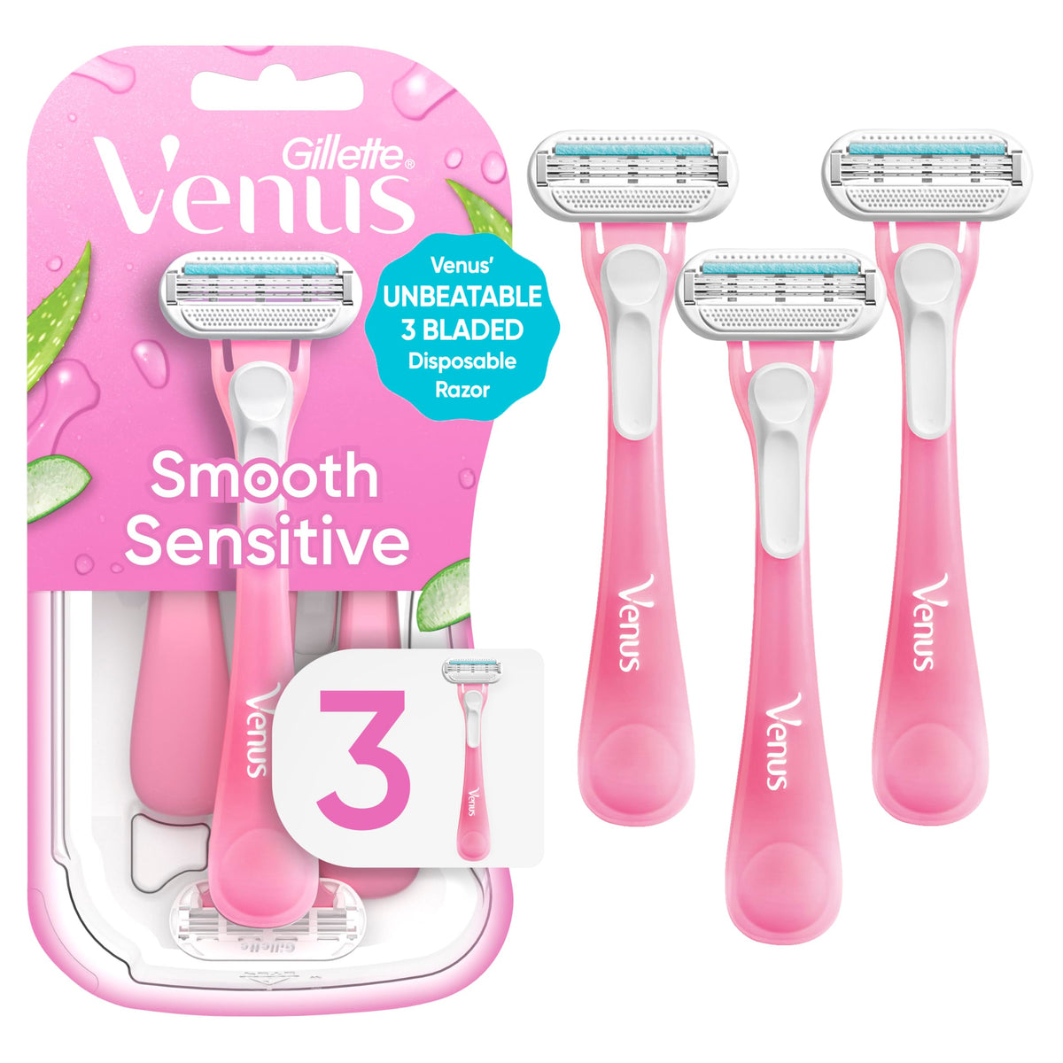 Gillette Venus Sensitive Razors - Front Packaging & Bottle View | genuine imported stock available in India at Curat Cart