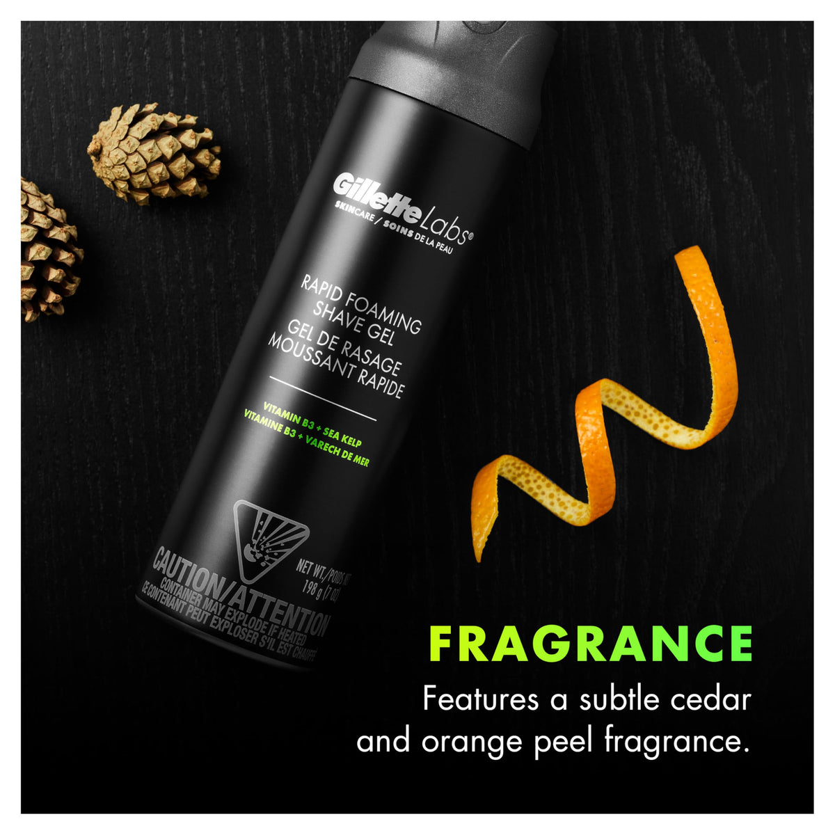 Experience GilletteLabs Rapid Foaming Shave Gel, featuring a unique cedar and orange peel fragrance for a refreshing shave.