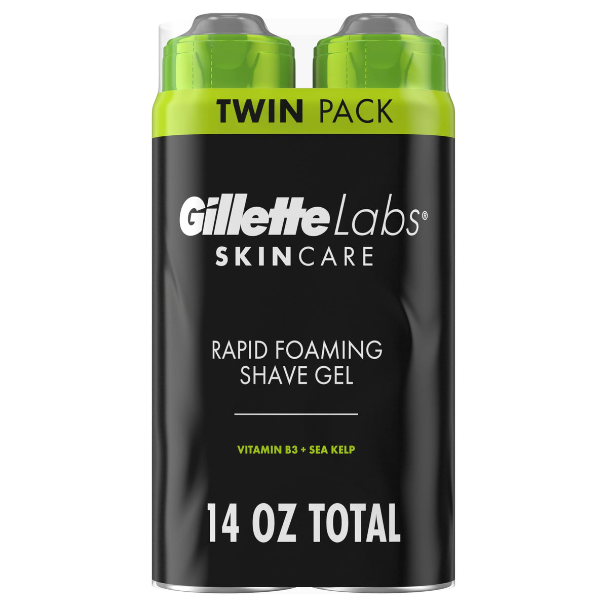 Authentic GilletteLabs Rapid Foaming Shave Gel twin pack, 14 oz total, enriched with Vitamin B3 and Sea Kelp.