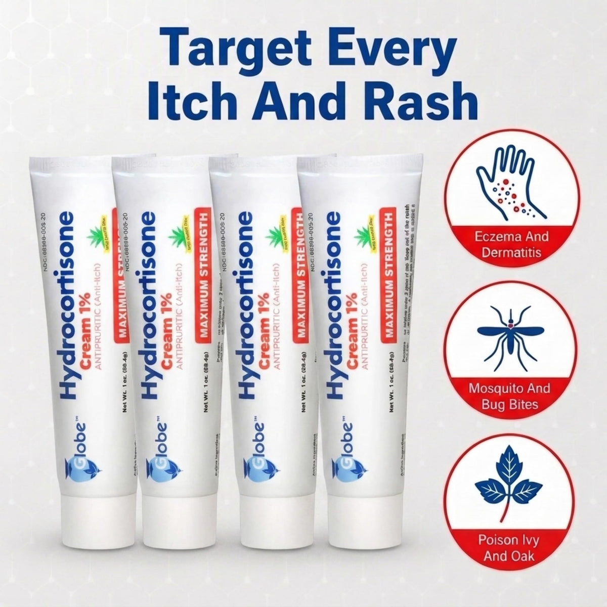 Globe Hydrocortisone Cream with Aloe in official packaging targets every itch and rash. Available at Curat Cart.