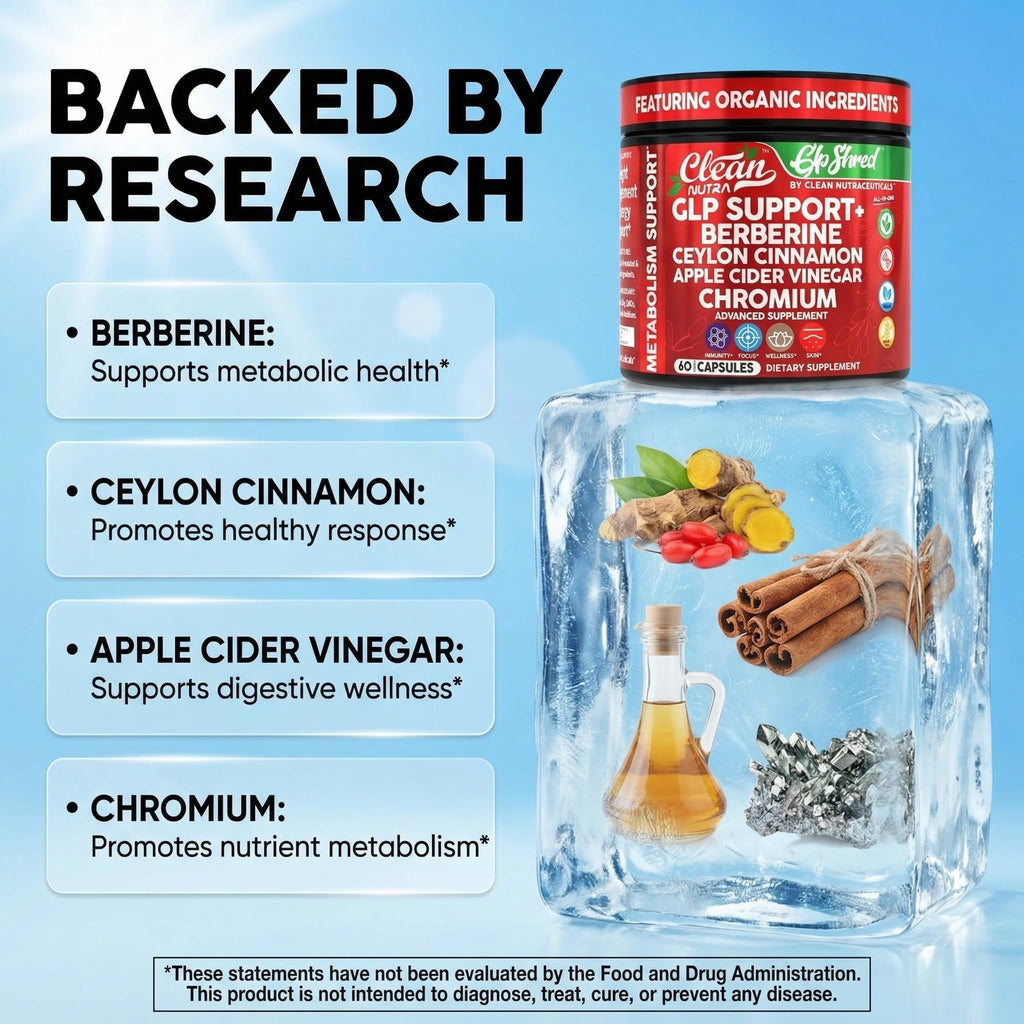 Clean GLP1 Supplement Berberine in official packaging enhances metabolic health with organic ingredients. Available at Curat Cart.