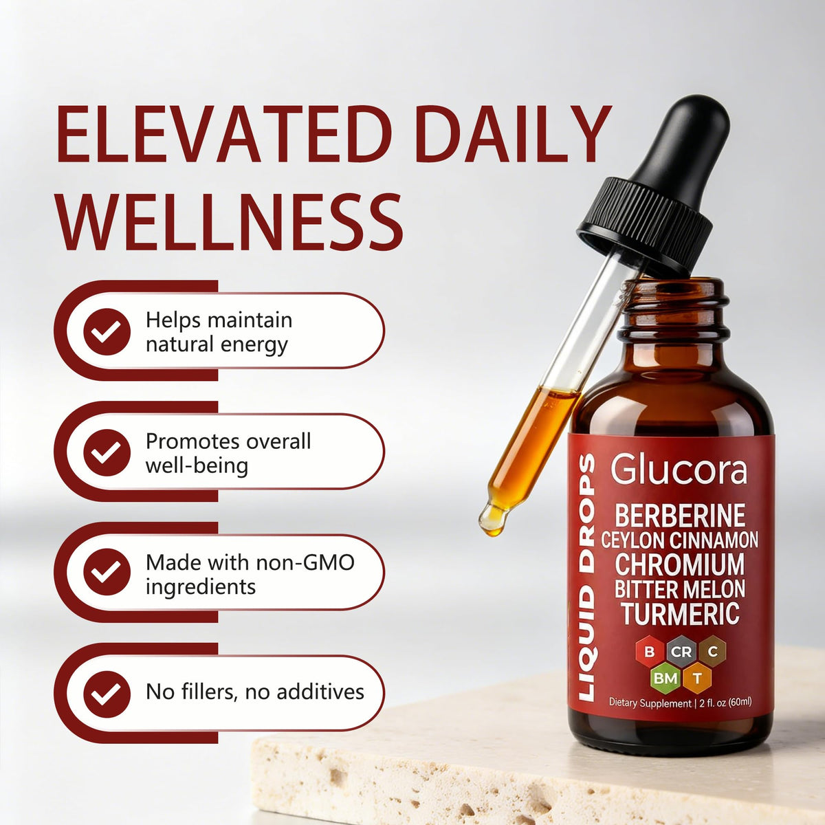 Glucora Ceylon Cinnamon Berberine Drops in high-quality packaging, promoting natural energy and overall well-being. Available at Curat Cart.