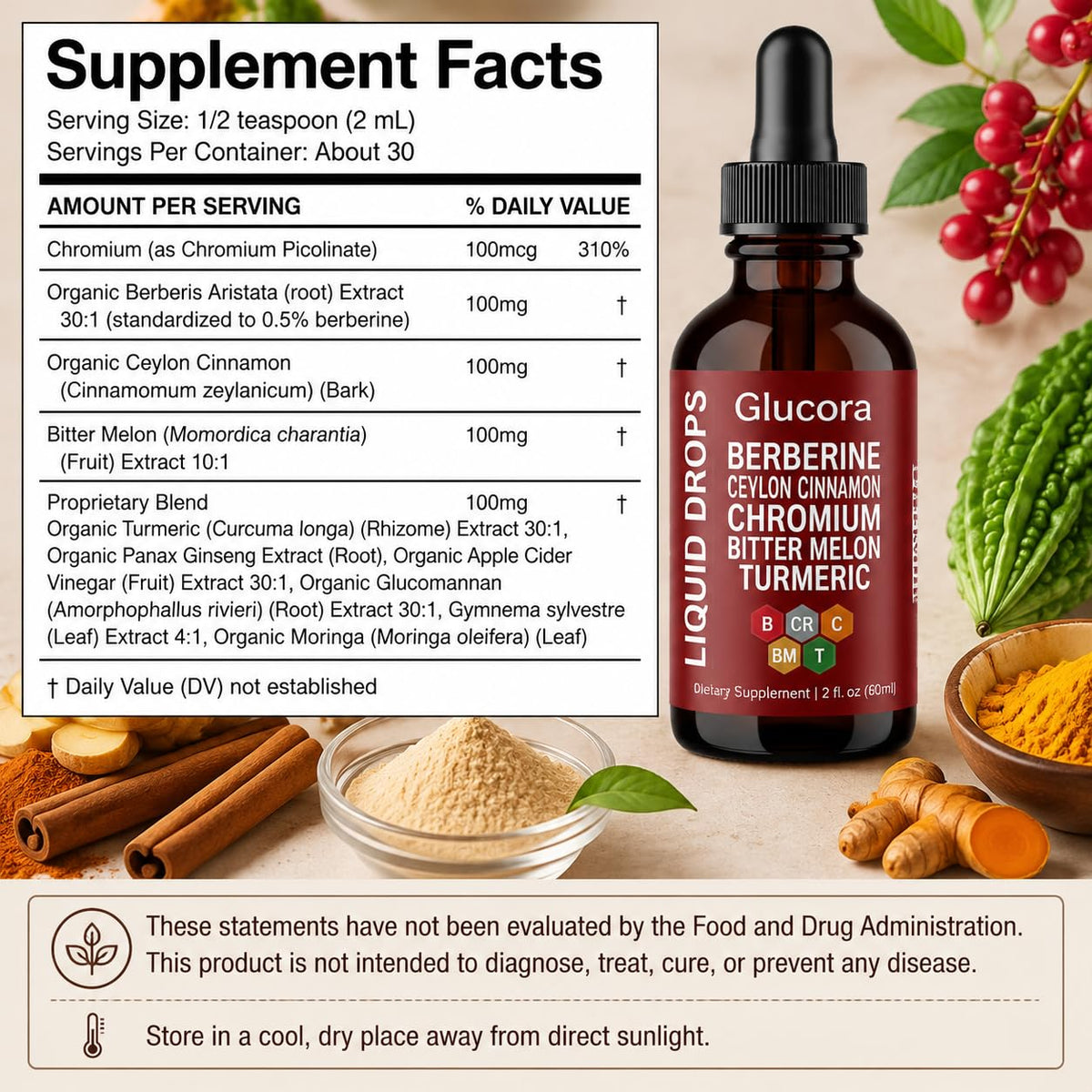 Glucora Ceylon Cinnamon Berberine Drops in high-quality packaging, offering premium health benefits. Available at Curat Cart.