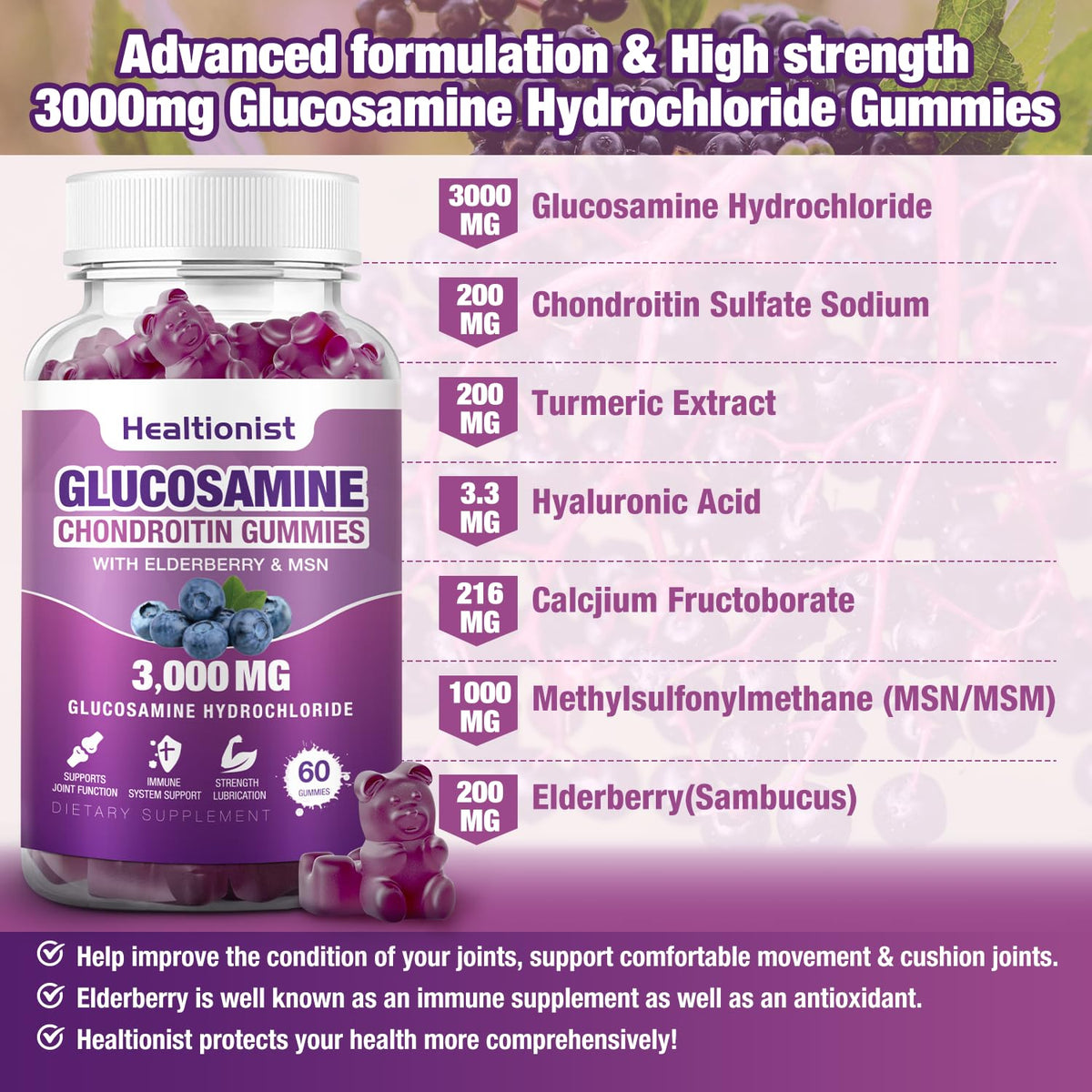 Premium imported Glucosamine Chondroitin Gummies, 3000mg, with elderberry & turmeric for joint health support.