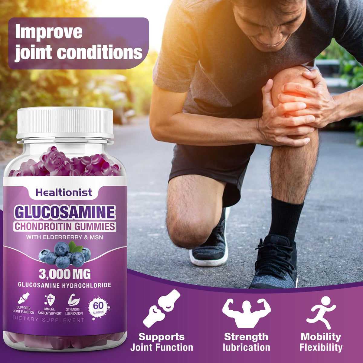 Extra strength glucosamine chondroitin gummies by Healtionist. Supports joint function for improved mobility. Verified by CuratCart.